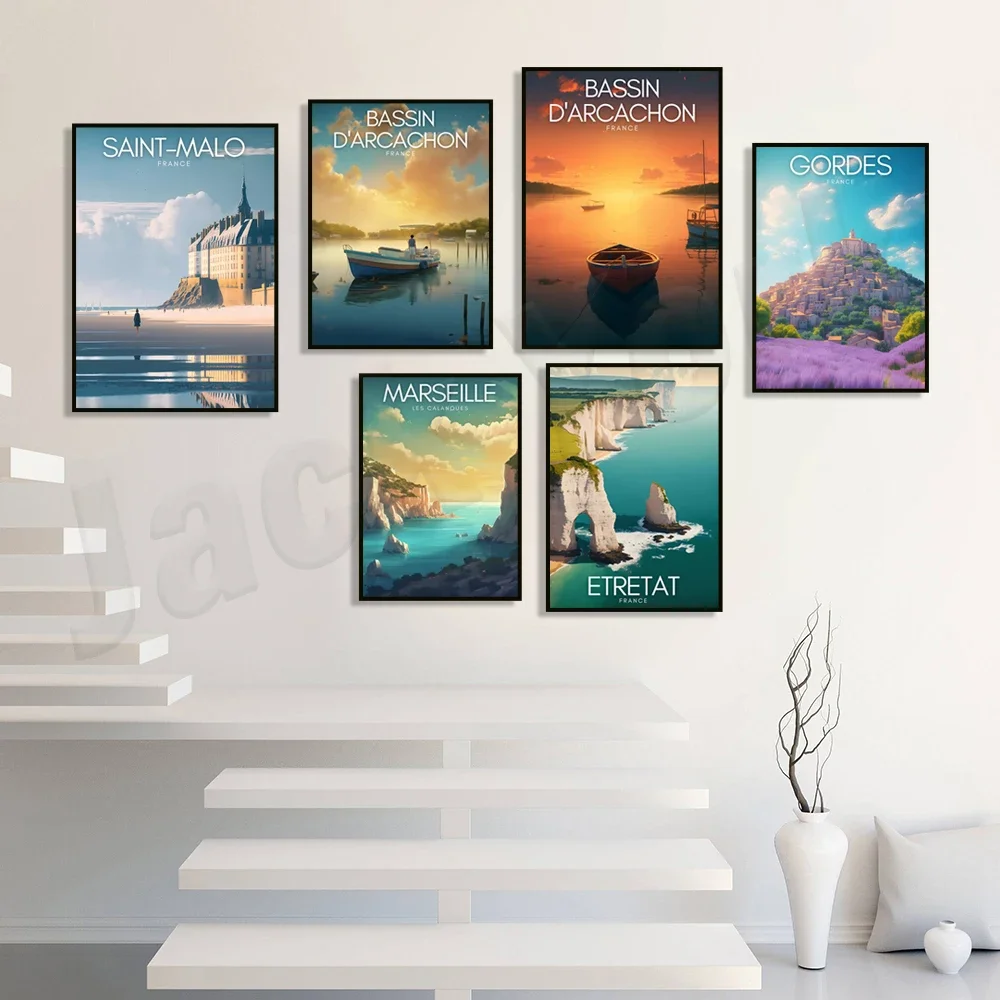 Travel poster of Provence, France, Lake Geneva, Cachon Basin, Lacanau Beach, Annecy Lake, Saint Malo Poster, Marseille Channel