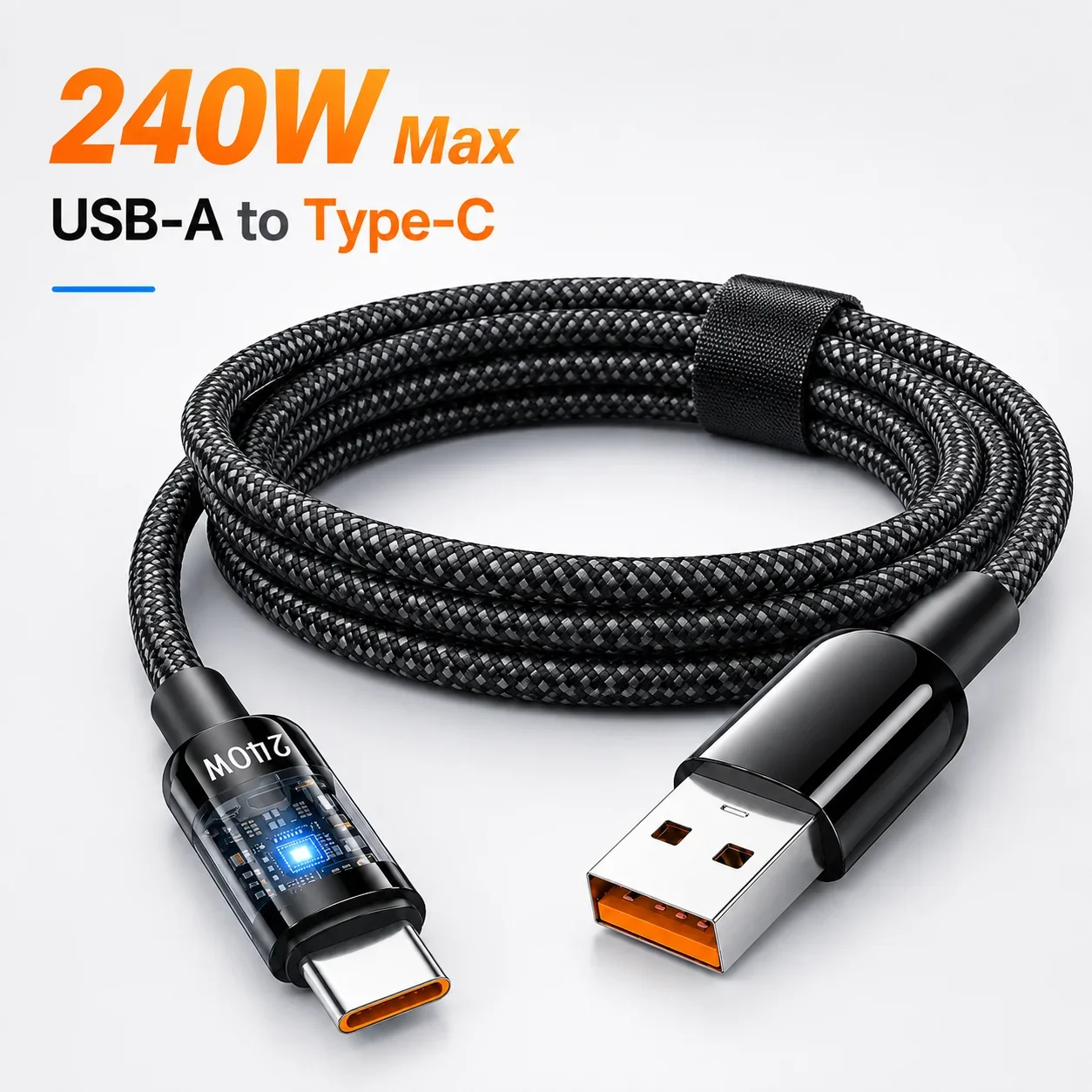240W USB A to Type C Fast Charging Cable Transparent LED Nylon Braided Data Cord for Samsung Xiaomi Huawei Honor Phone