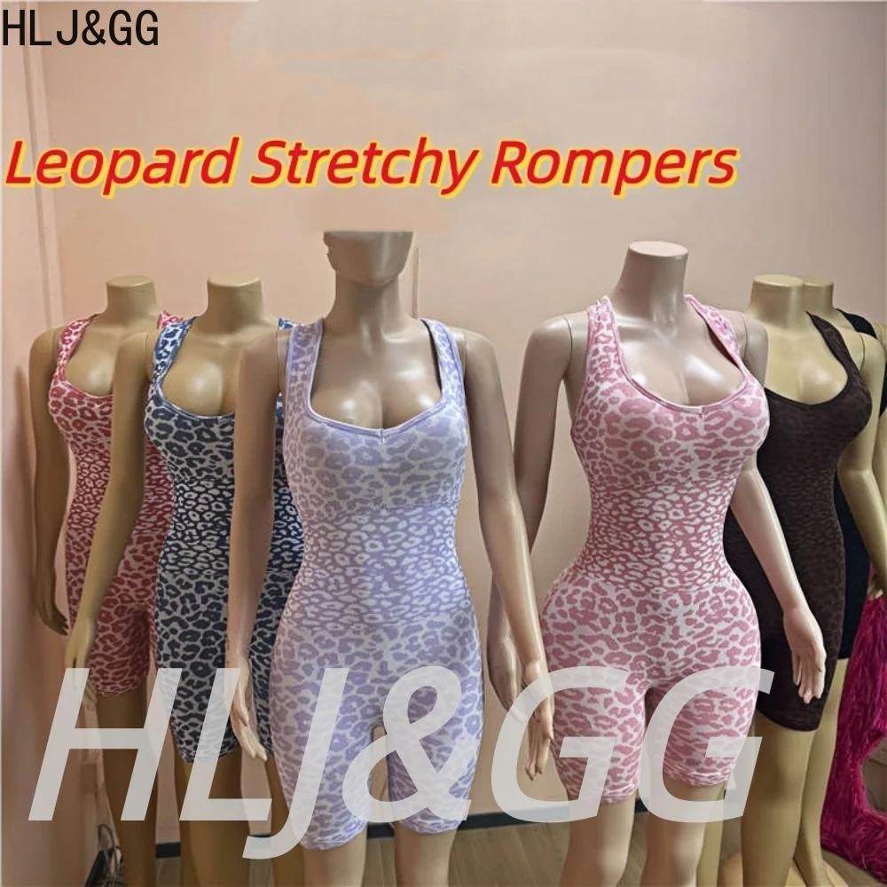 

HLJ&GG Casual Leopard Print Backless Bodycon Sporty One Piece Rompers Women Round Neck Sleeveless Slim Stretchy Jumpsuit Overall