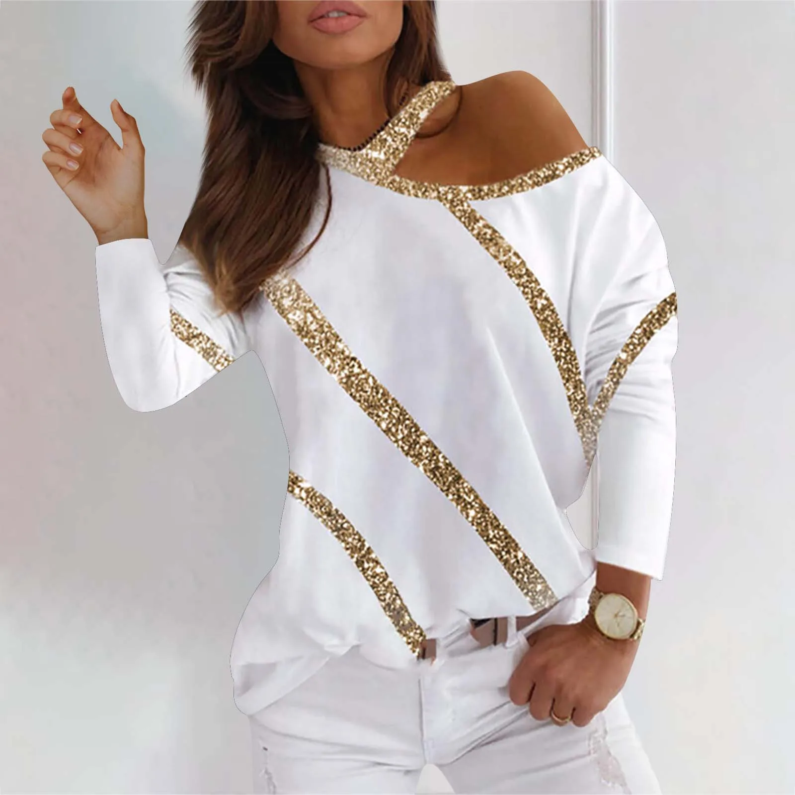 Women\'s Blouses New Long Sleeve Loose Off Shoulder Sexy Casual Pullover Bright Gold Fashion Comfortable Blouses футболка женская