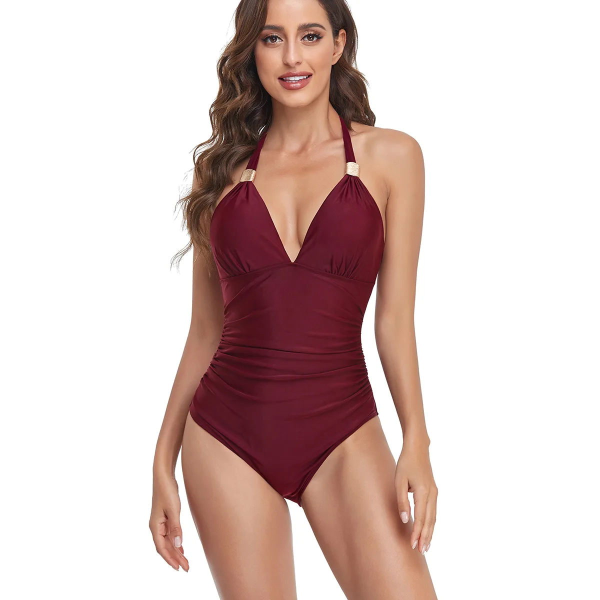 Women Halter One Piece Swimsuit Tie Neck Backless High Cut Tummy Control Bathing Suit Beach Swimwear