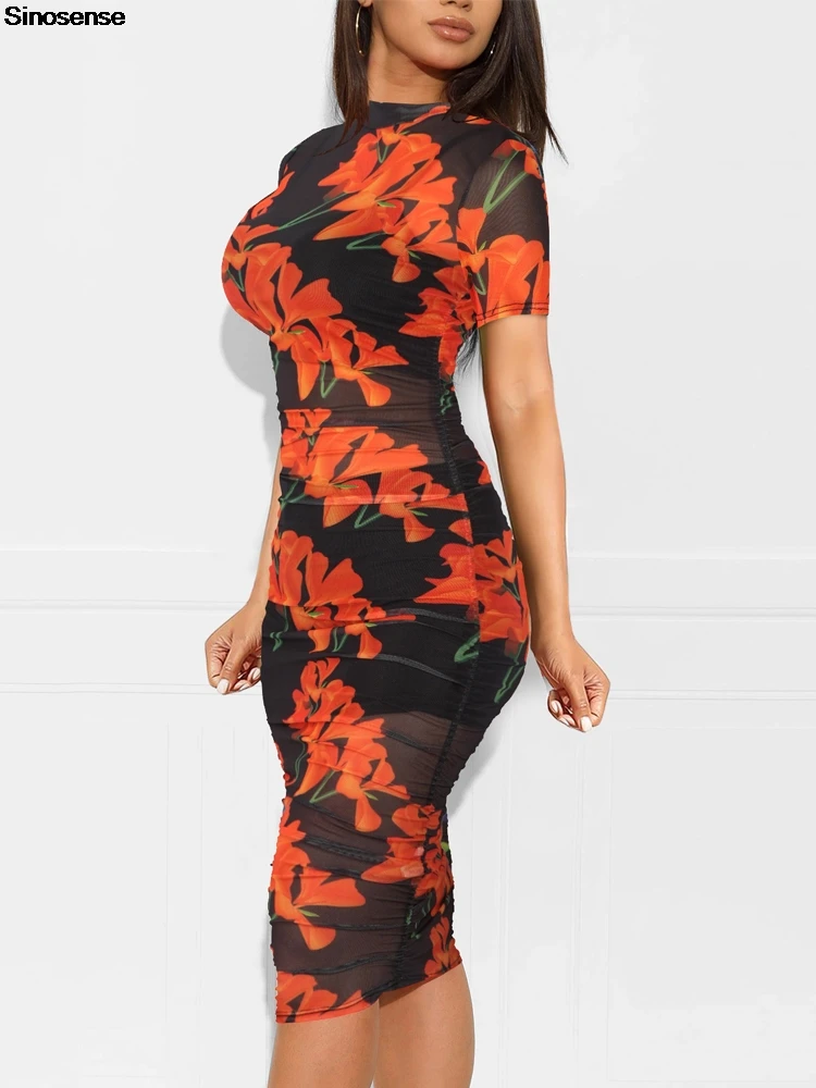 Abito aderente da donna in rete trasparente con stampa floreale Abito longuette increspato a maniche corte + Cam + Minigonna 3 pezzi Night Out Club Party Outfits