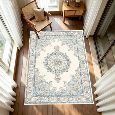 Cream-Colored Light Blue Persian Medal Carpet Floor Mat with Vintage Traditional Ornate Border, Non-Slip Living Room Carpet
