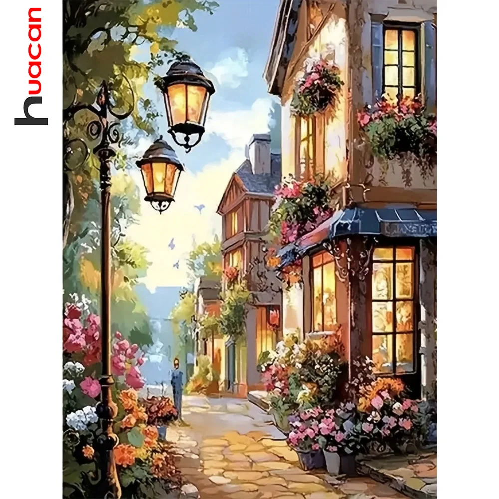 Huacan Full Drill Diamond Painting Street House Diamond Mosaic Landscape Flower Complete Kit Decorative Paintings