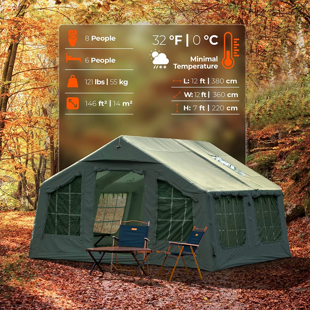 Inflatable Tent 4-8 Person 4-Season with Stove Jack Waterproof Oxford Fabric Luxury Camping Tent