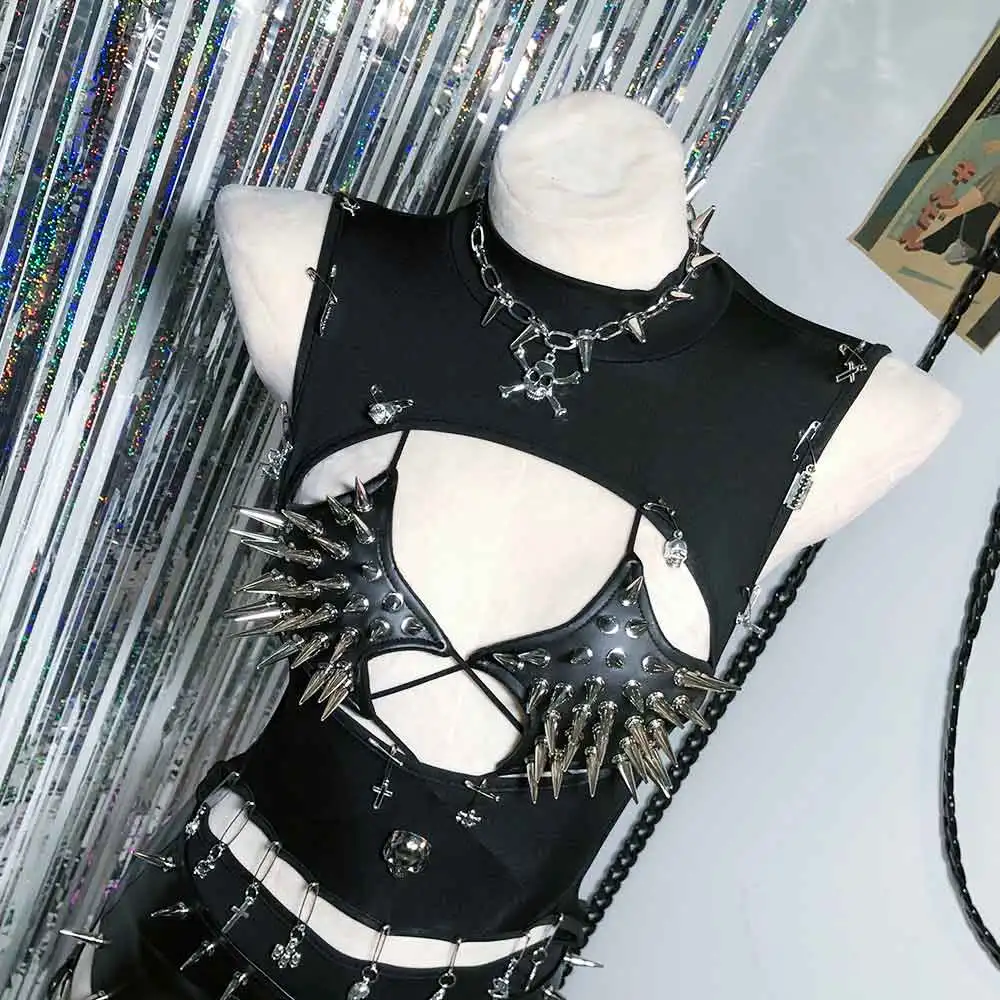 

E-Girls Harajuku Goth DIY Панк-рок Kawaii Заклепки с шипами Y2K Топы Клубная одежда Гранж Эко Ручная работа Эмо Кибер Готический Танк Череп