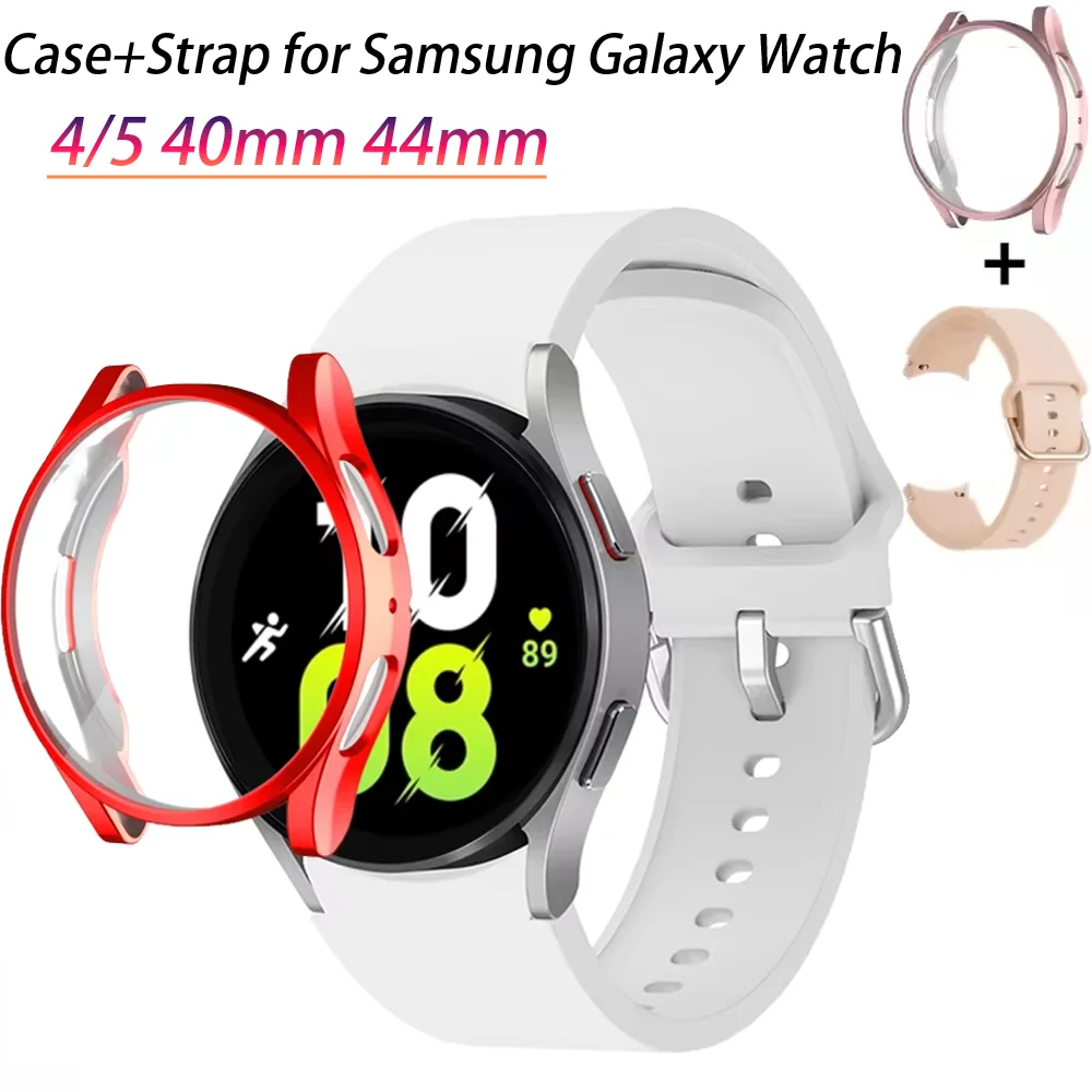 삼성 갤럭시 시계 4/5 용 케이스 + 스트랩 40mm 44mm 스포츠 팔찌 시계 밴드 키트 벨트 갤럭시 시계 5/4 40mm 44mm 보호 커버
