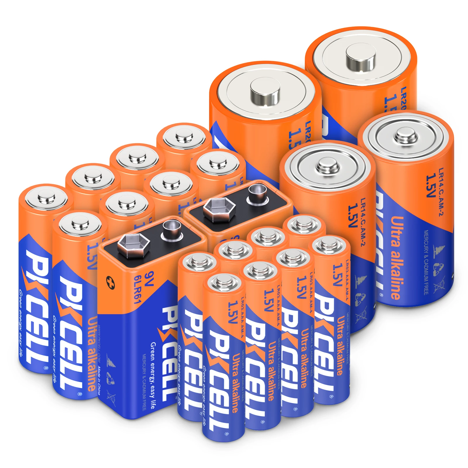 PKCELL 22PC Combo Super Alkaline Battery 16PC AA & AAA 6PC C D 9V Rozmiar Nieładowalne baterie 1,5 V Pakiet baterii alkalicznej