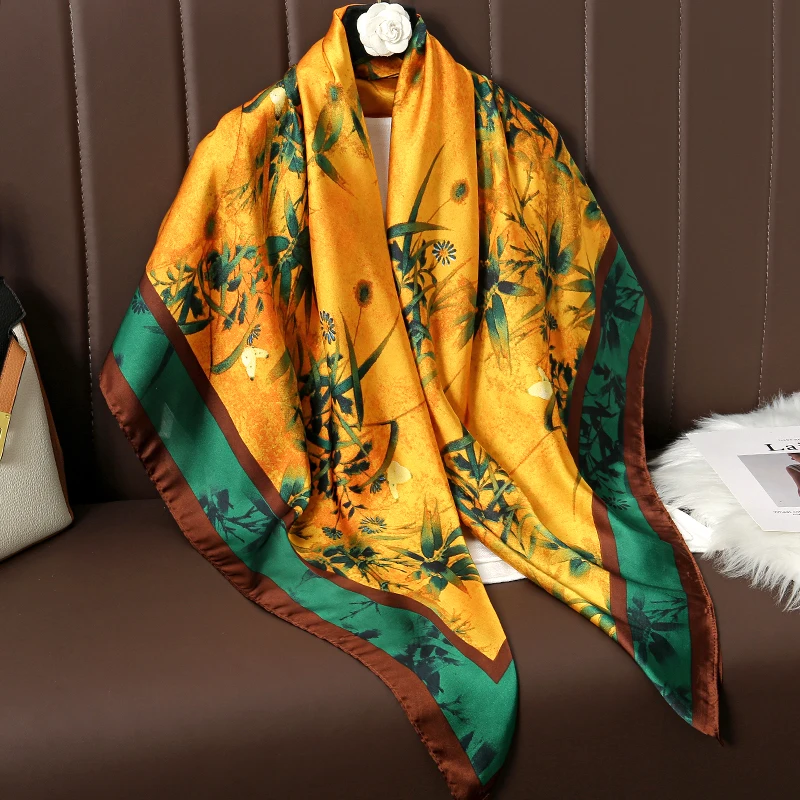 

110cm Large Shawl Silk Square Scarf for Women Luxury Print Hijab Bandana Muslim Headband Wrap Beach Stoles Foulard Echarpe 2023