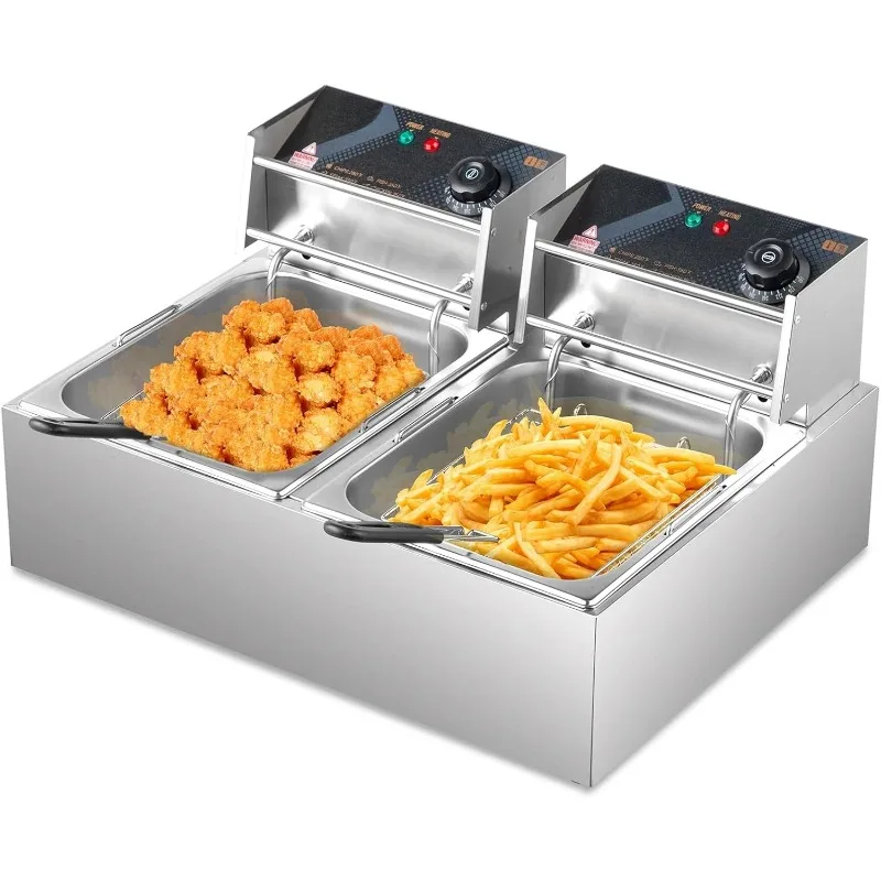 

Электрическая фритюрница 22,8 QT с 2 корзинами и крышками, коммерческая двойная фритюрница из нержавеющей стали 21,8 л, столешница для жарки на кухне
