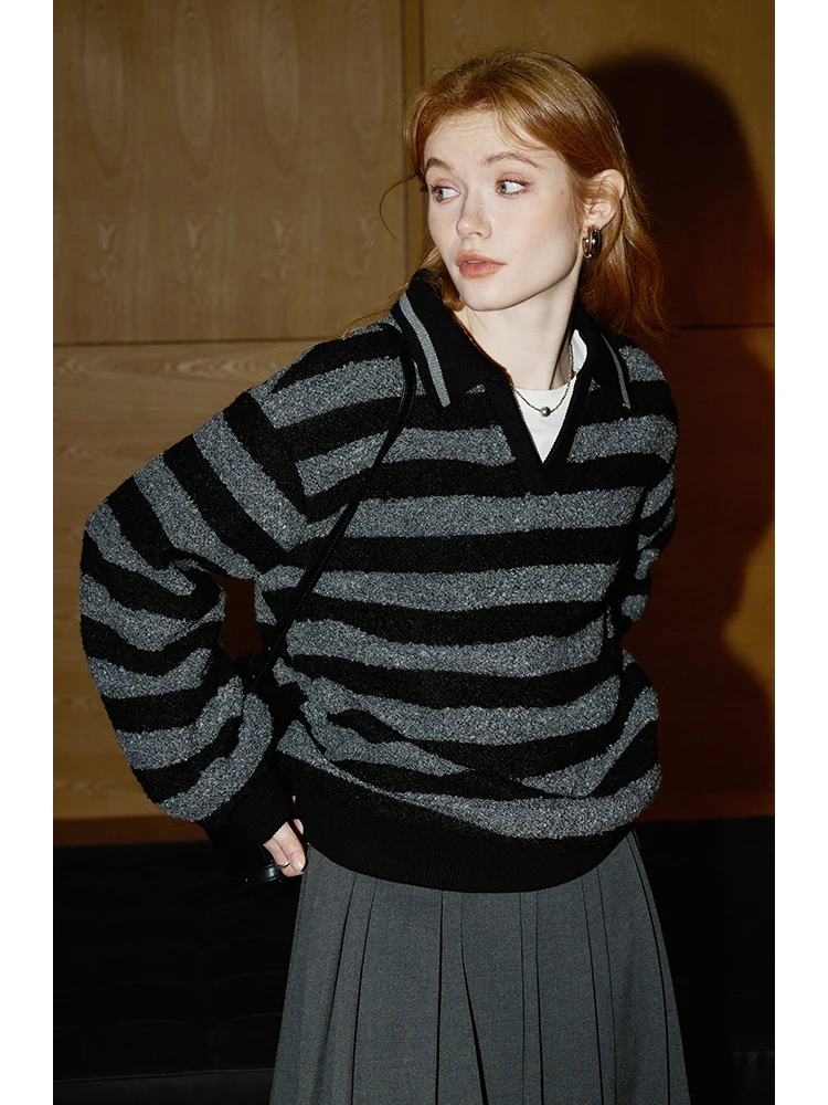 KuNMaVi Women's Fleece Lined Oversized Sweatshirt Comfortable Breathable Long Sleeve Stripe Patterned Outerwear for Autumn Wi...