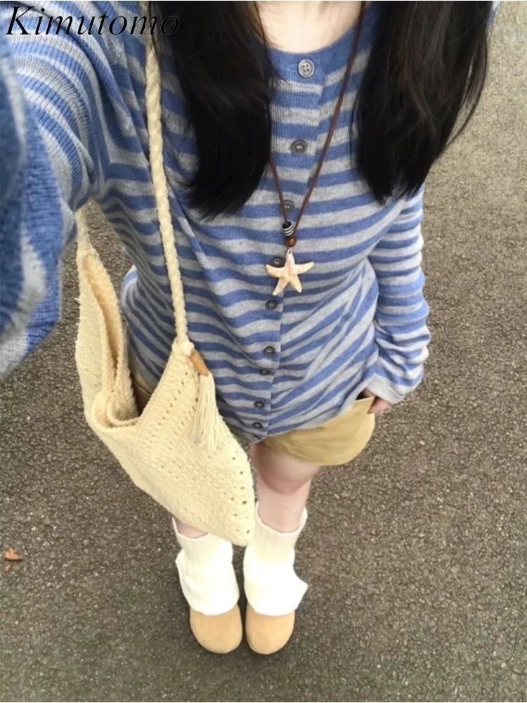 Kimutomo Knitted Cardigan Women Striped Long Sleeve Single Breasted 2026 Autumn New Fashion Vintage Sweater Female Casual