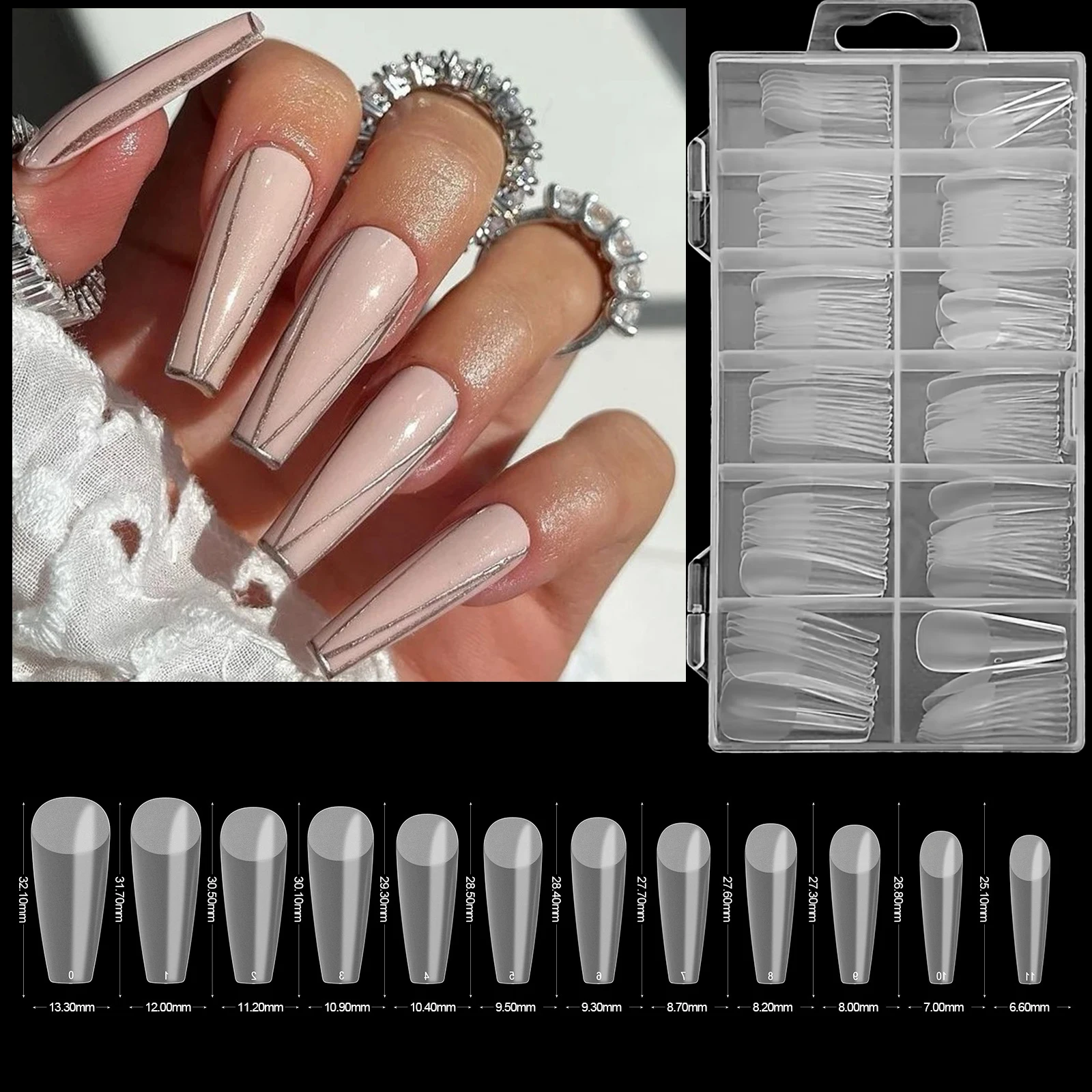 240/330 Stück Einfarbige Matte Ballet Coffin Nagelspitzen Lange Transparente Acryl-Kunstnägel Gepresste Vollabdeckung Set mit 12 Größen – Detail 2