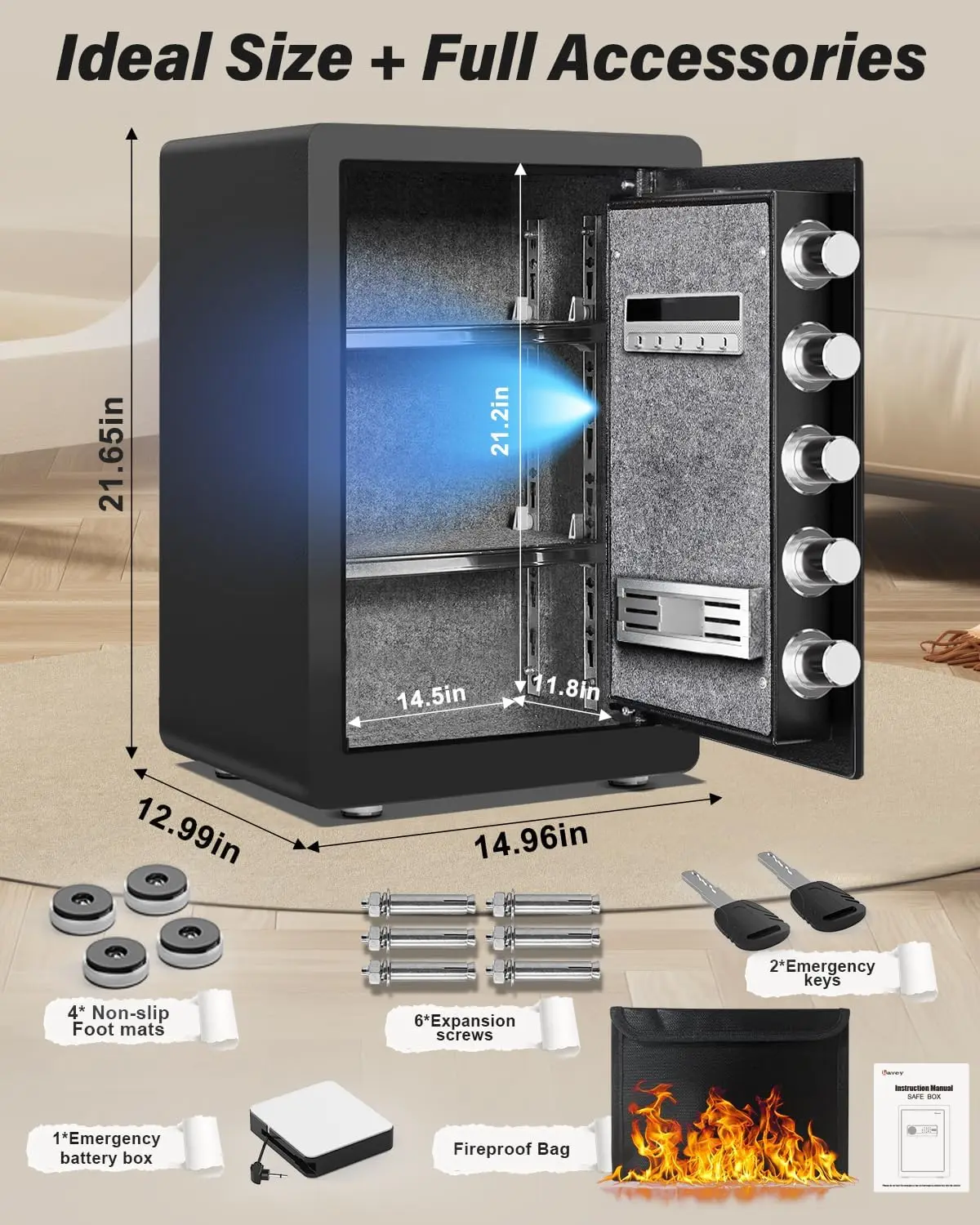 2.5 Cub Biometric Safe Box, Fingerprint Safe with Fireproof Waterproof Bag, Security Safes with Backlit Touch Screen Keypad, Dua