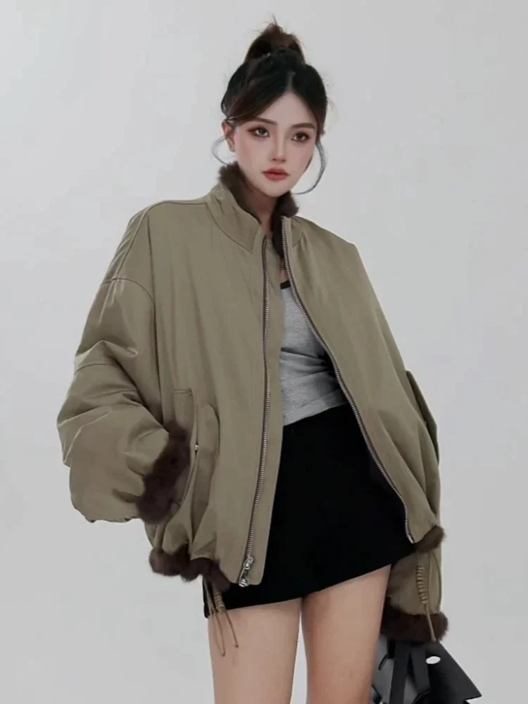 

Women New Winter Short Top Clothes Natural Rabbit Fur Inner Liner Parke Jcaket Female Wearable On Both Sides Loose Coat