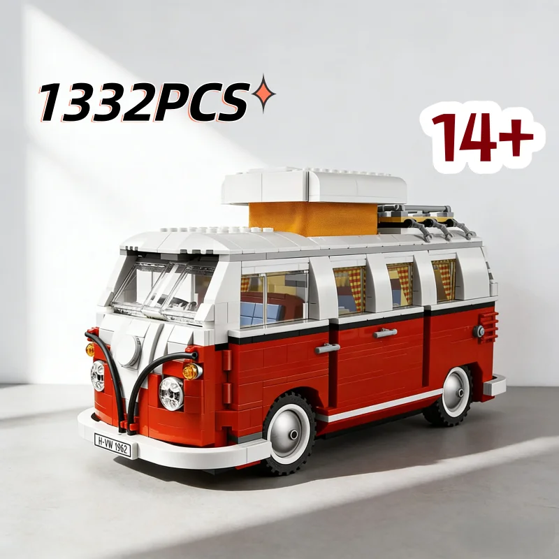 

Набор для сборки ретро-автобуса T1 (1332 детали), развивающий конструктор MOC-10220, игрушка-автомобиль для пикника, подарок на день рождения для детей
