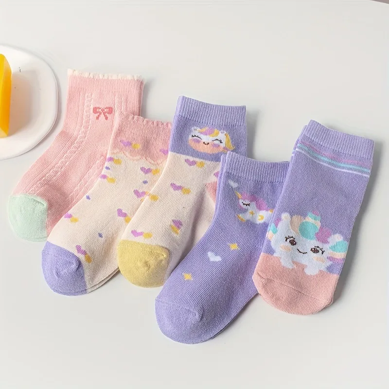 5/10 Pares de Meias Infantis com Estampa de Unicórnio Fofo para Meninas, Meias de Cano Médio com Laço para Crianças, Meias de Algodão Macio para Primavera e Outono
