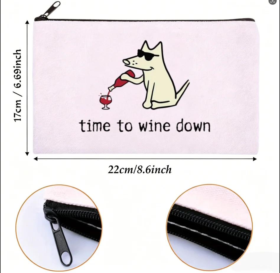 1PC Sunglasses Puppy Wine Bottle Pun Text Graphic Print Canvas Cosmetic Bag Portable Zipper Storage Pouch