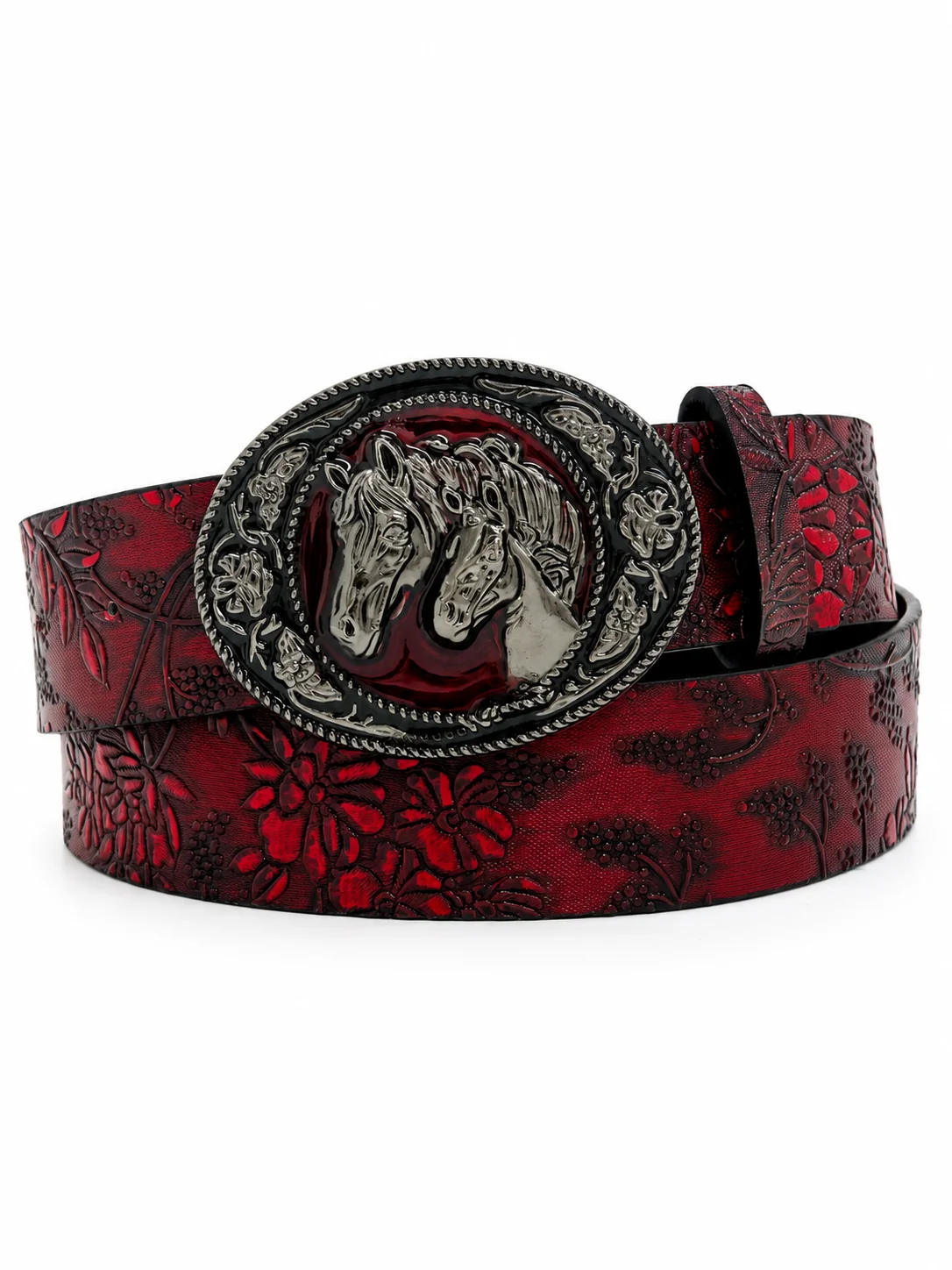 Vintage Engraved Horse Head Flame Red Belt, Western Style Horse Buckle Belt with Embossed Floral Pattern, Retro Statement Waist