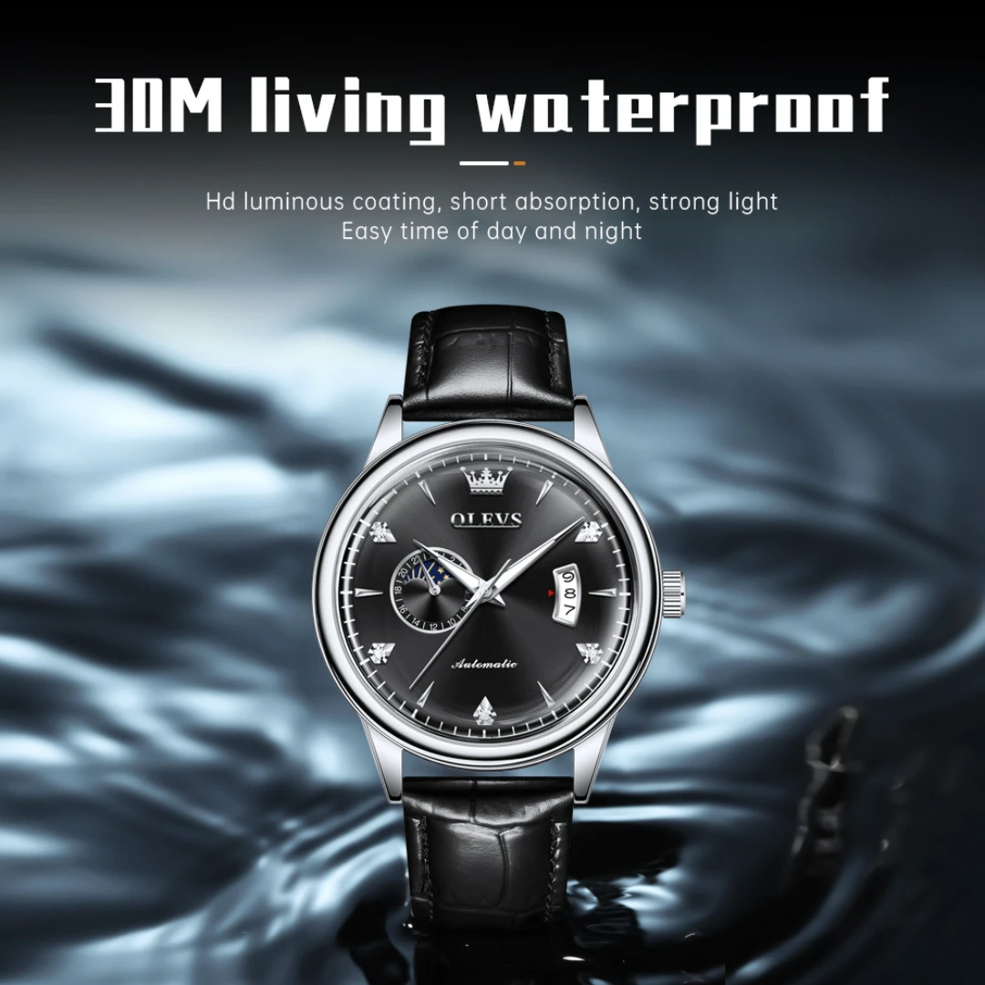 OLEVS 7040, модные механические часы, подарок, круглый циферблат, ремешок для часов из натуральной кожи, наручные часы с фазой Луны, светящийся календарь