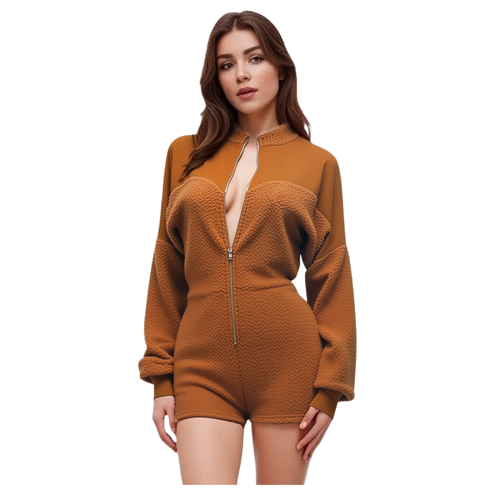 

Модный женский флисовый лоскутный комбинезон с длинным рукавом и молнией спереди, шорты для мальчиков, боди, комбинезоны для повседневного покупок на выход