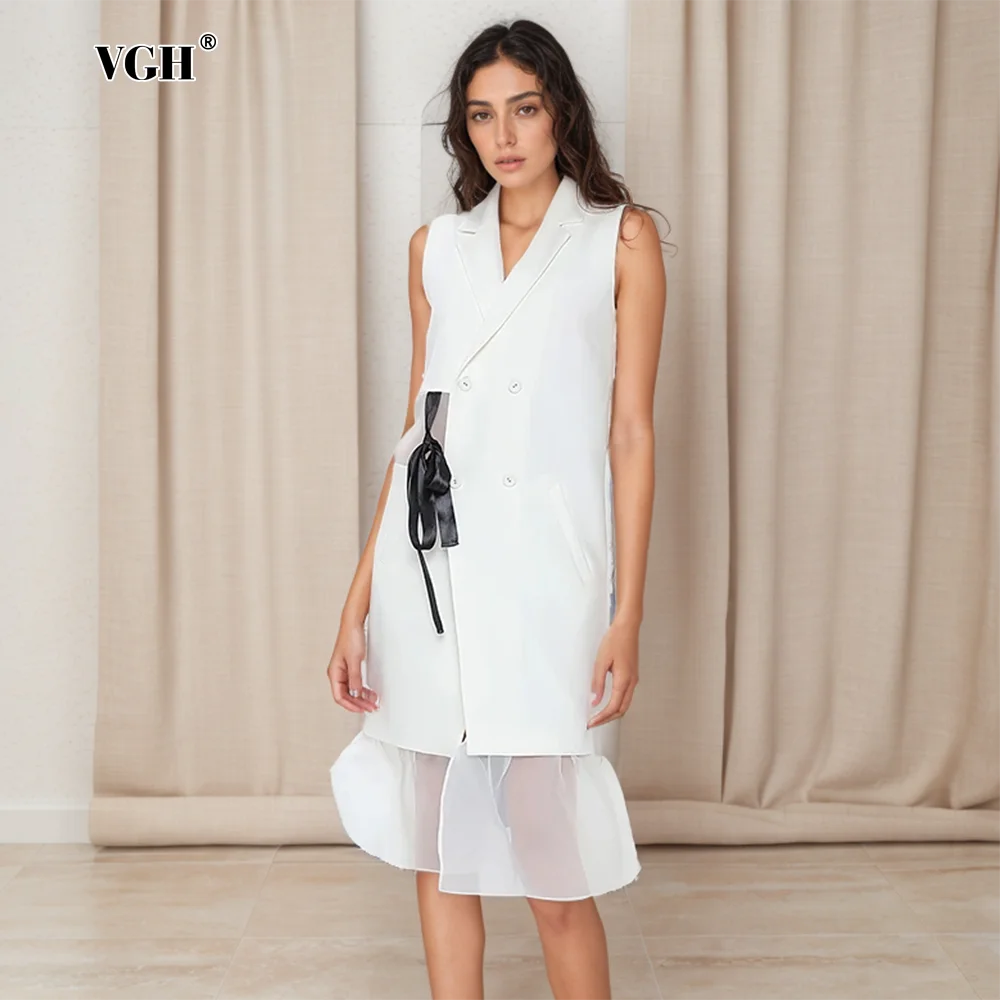 

VGH Patchwork Bowknot Elegant Dresses For Women Lapel Sleeveless Spliced Sheer Mesh Temperament Long Dress Female Fashion New