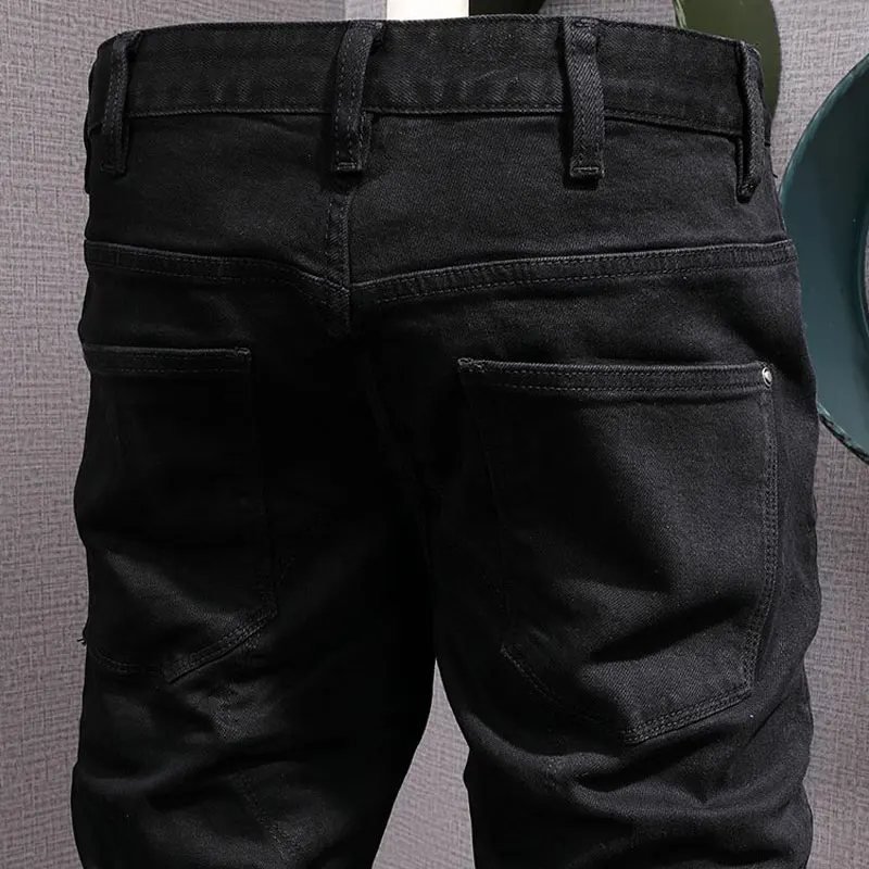 Moda urbana, pantalones vaqueros para Hombre, pantalones vaqueros de motociclista de diseñador empalmados ajustados elásticos negros de alta calidad, pantalones vaqueros de Hip Hop parcheados para Hombre