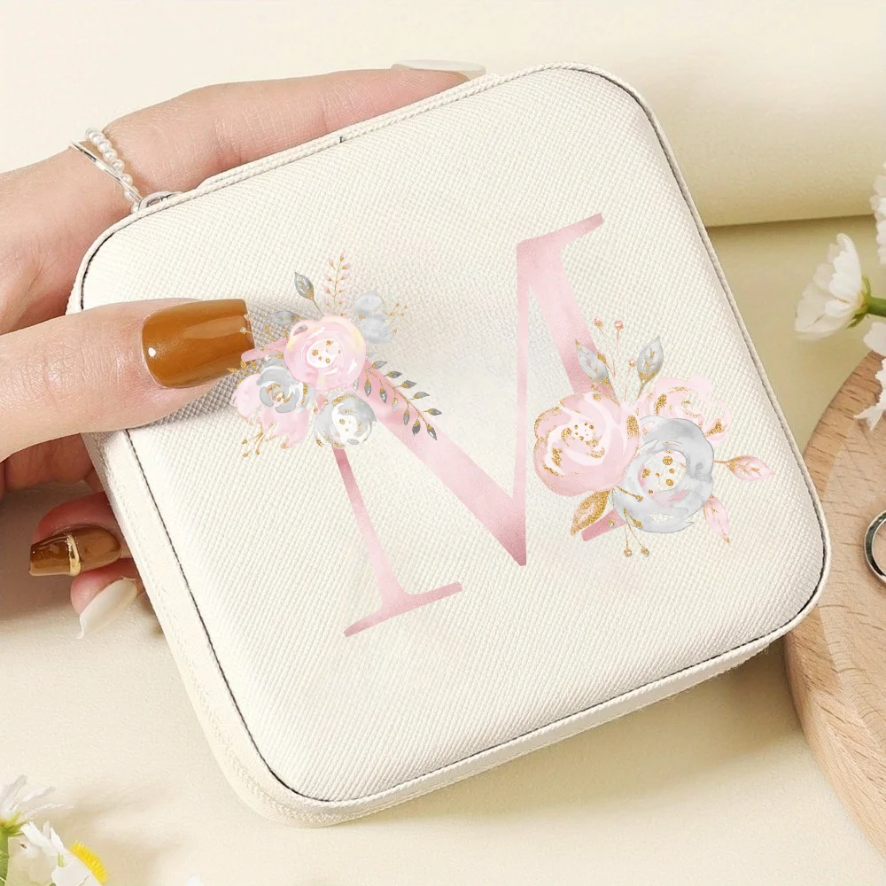 White Floral Print Portable Travel Mini Jewelry Box Leather Jewelry Ring Storage Box Gift Storage Box For Girls and Women