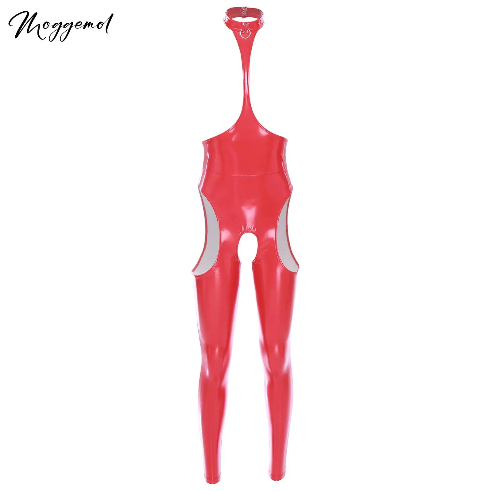 

Womens Wetlook PVC Leather Jumpsuit Crotchless Tights Bodysuits Shiny Metallic Halter Footless Sexy Latex Open Cups Leotard