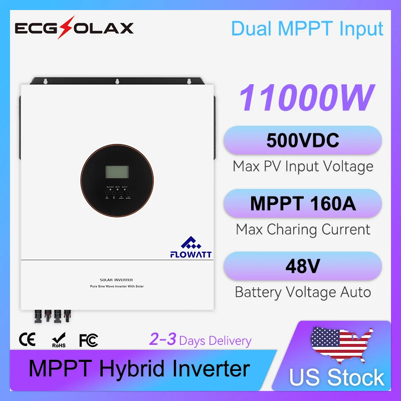 

FLOWATT 11KW Solar Hybrid Inverter 48V 230V With Dual MPPT 160A Solar Charger Pure Sine Wave Hybrid Solar Inverter Parallel BMS