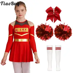 Teen Girls Cheerleader Outfit Cheering Dresses Set Long Sleeve Dress with Pom Poms Stocks Schoolgirls Cheer Leader Dance Costume