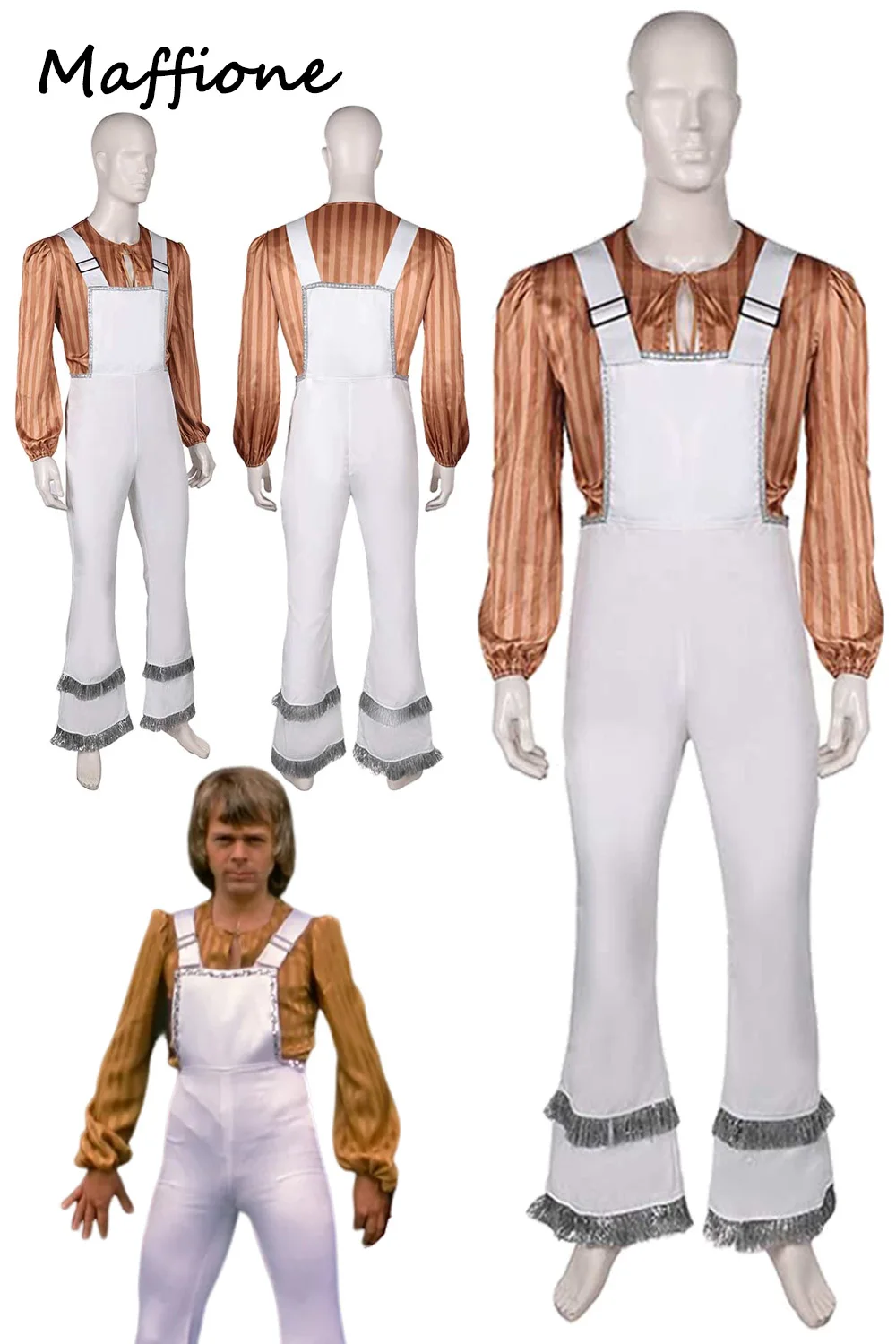 Bjorn Ulvaeus Cosplay Abba Overall Costume 70s Band Roleplay Retro Vintage Jumpsuit Stripe Shirt Set Outfit Halloween Party Suit