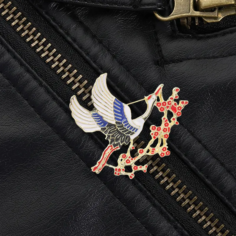 Oriental Crane Plum Blossom Enamel Brooch New Chinese Style Gold Hollow Out Pin for Women Coat Qipao Scarf Bag Daily Wear