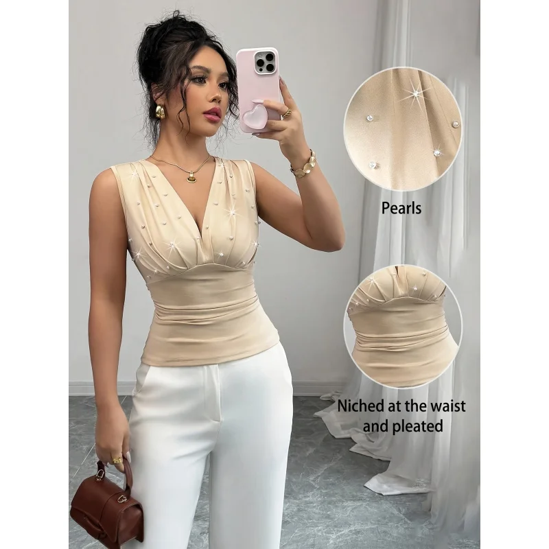 

Elegant Special Beige Pearl Elegant Romantic Women'S Vest Summer New Product Women'S Elegant Pearl Embellished