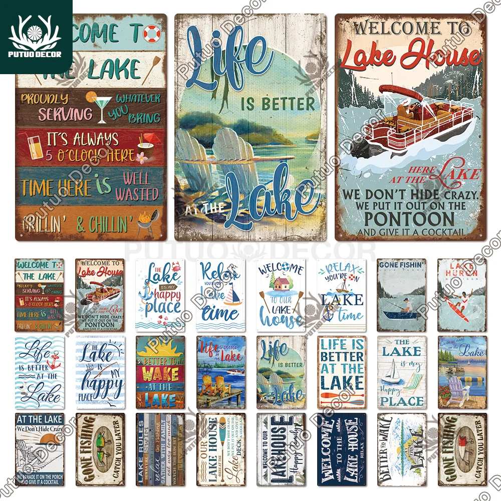 Putuo Decor Lake House Vintage Tin Signs Rustic Plaque Metal Plate Wall Art Decor for Living Room Kitchen and Entryway Posters
