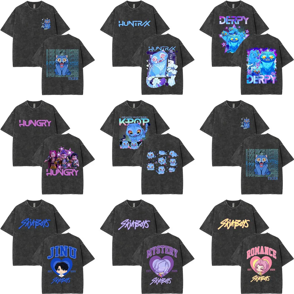 

Washed Vintage Movie KPop Demon Hunters Rumi Mira Zoey Saja Boys Graphic T-shirt Men Women Cotton Casual Oversized T Shirts Tops