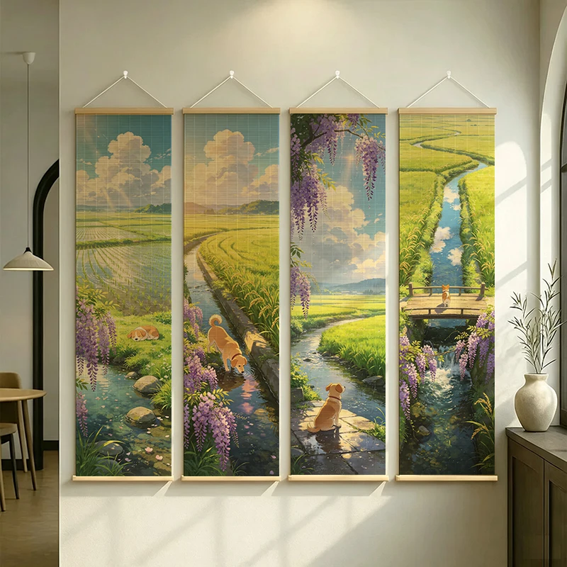 Room Decor Aesthetic Dog Wisteria Japanese Anime posters Landscape Bamboo Scroll Wall Art Cottagecore for Rooftop Cafe Healing