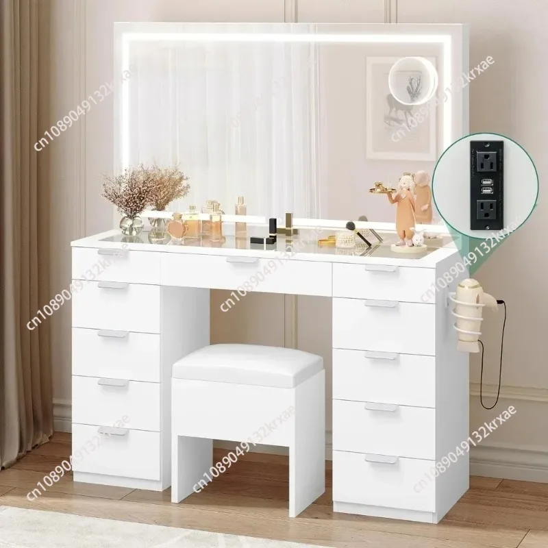 Mesa de maquillaje de 46 pulgadas, tocador de maquillaje grande con banco de almacenamiento, juego de escritorio de tocador, muebles para el hogar, muebles de tocador para dormitorio