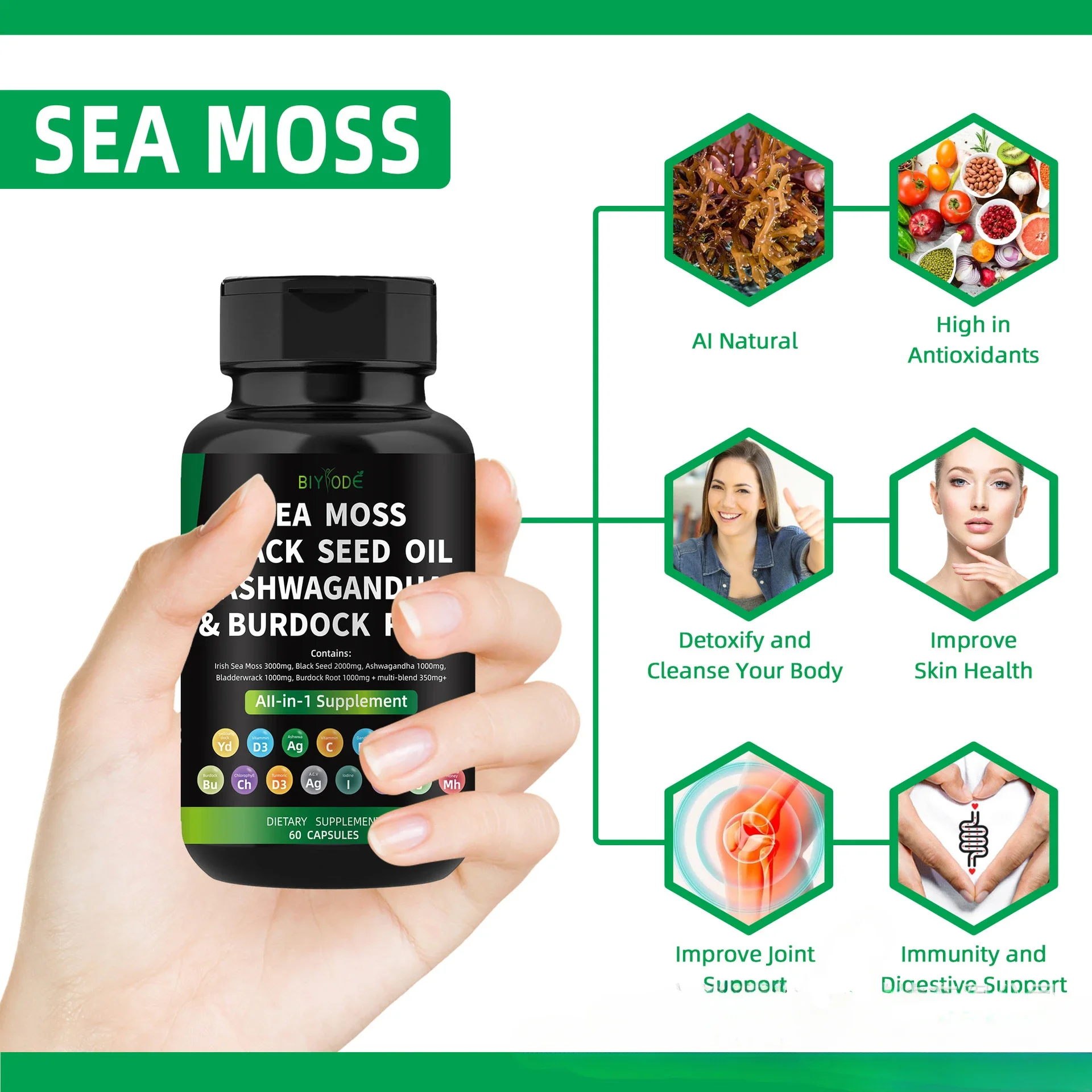 

1 bottle seaweed capsules to supplement nutrition moisten intestines promote bowel movements provide health food