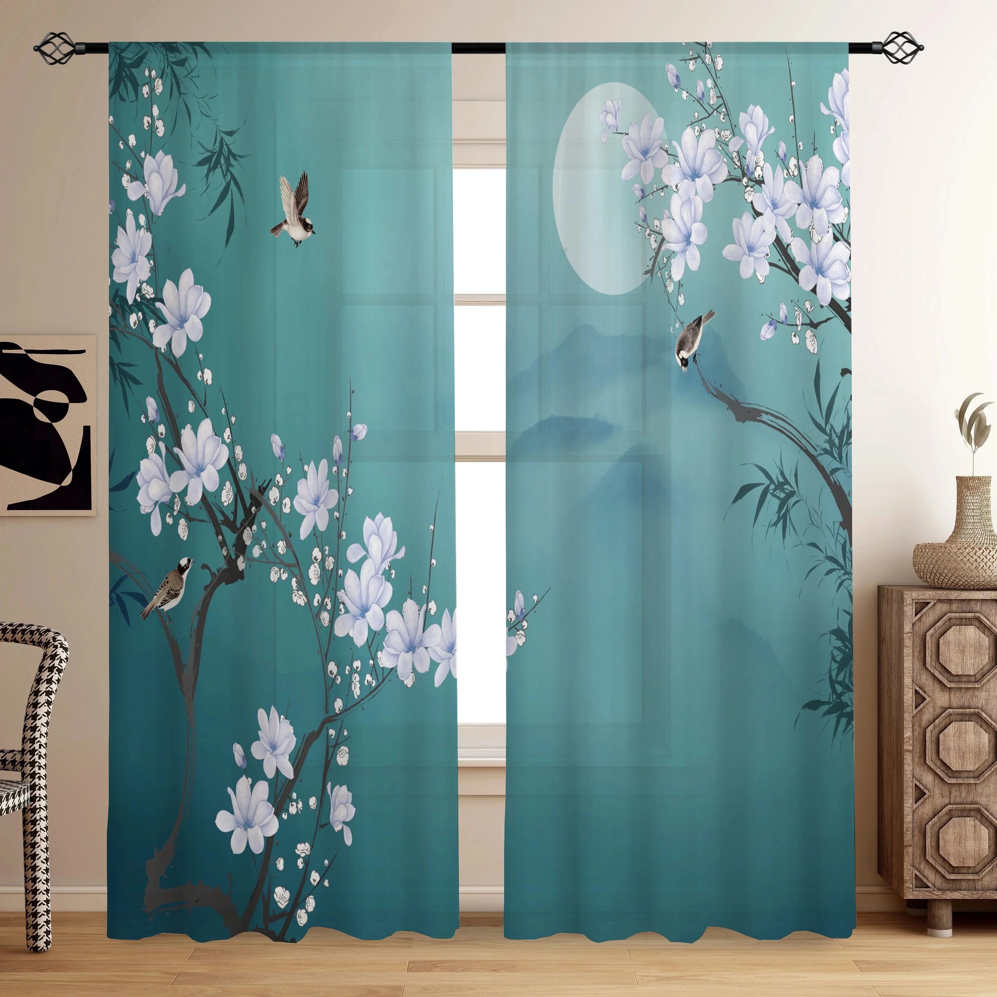 2pcs Chinese Mountain lnk Painting Print Curtain,  Digital Printing Curtains for Living Room Bedroom Kitchen Study, Home Decor