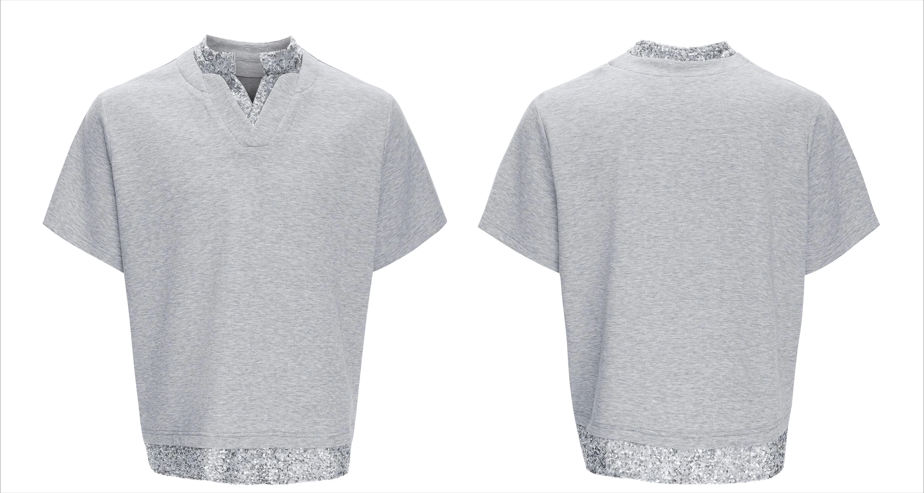 Men's 2025 Summer New Tees Light Luxury Sequin Splicing Design Chic Tops Short Sleeve Solid Color Loose Cotton Comfort T-shirts