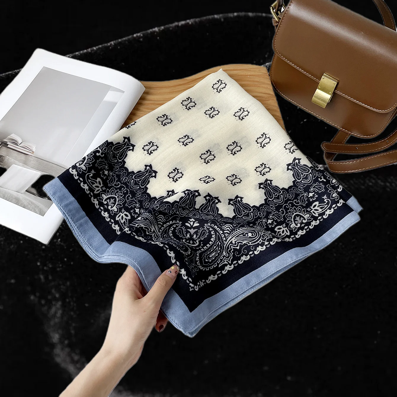 Elegant Women's Paisley Floral Print Satin Scarf Contrast Border Head Wrap Neckerchief  5 Colors Available Turban Bandana