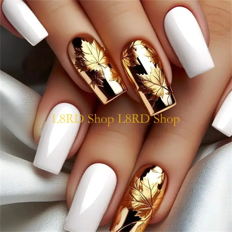 L8RD 24Pcs Square Press On Full Cover Gold and White Maple Leaves Design Glossy Full Cover False for Women