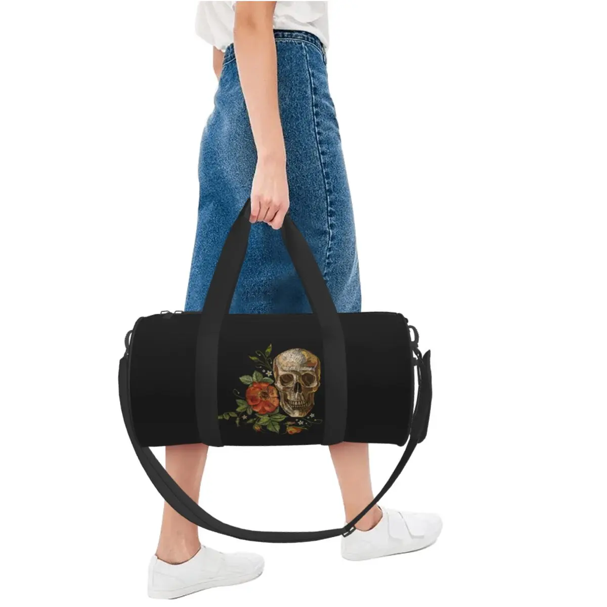 Bolsa de ginástica vintage com caveira, rosas, moda, treinamento, esportes, casal, personalizada, grande, retrô, fitness, bolsas de fim de semana