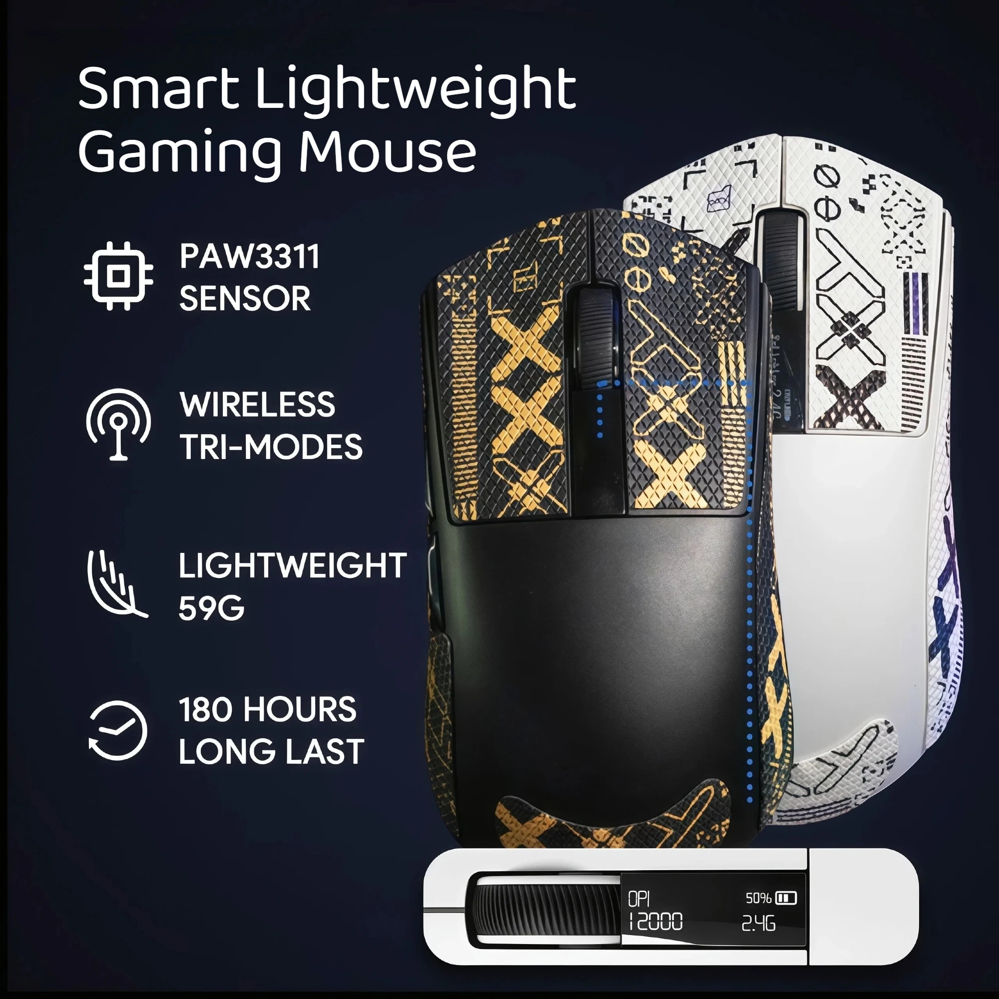 59g/64g Lightweight Wireless Gaming Mouse 12000DPI PAW3311 Triple Mode RGB Magnetic Charging Dock LED Display Rechargeable Gaming Mice