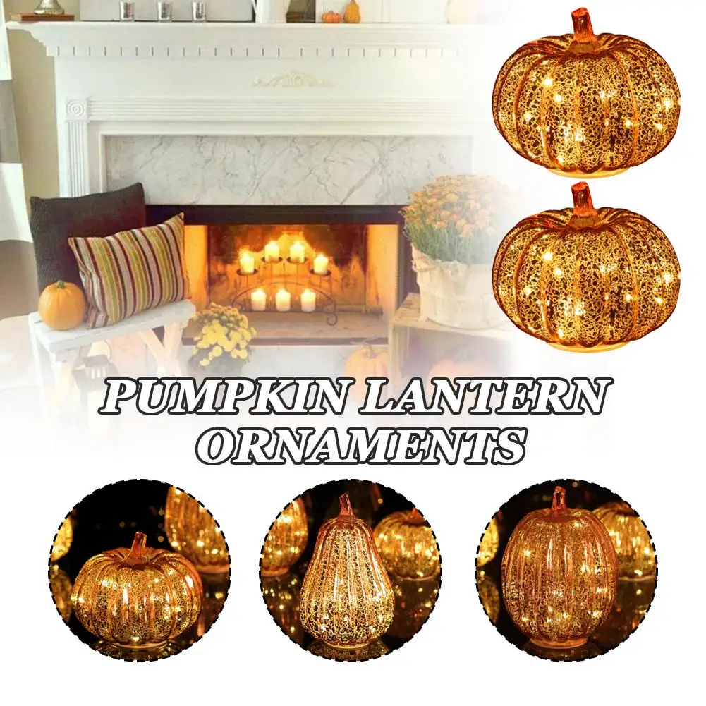 1PC LED Glass Pumpkin Lamp For Halloween Festival Party Home Garden Decoration 3 Light Modes Battery Powered Lantern Silver Gold
