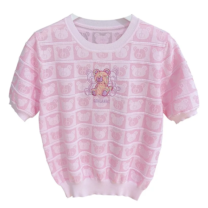 Suéter de punto con lentejuelas de oso para mujer, camiseta, jersey, camisetas de manga corta con cuello redondo, jerséis de punto holgados y