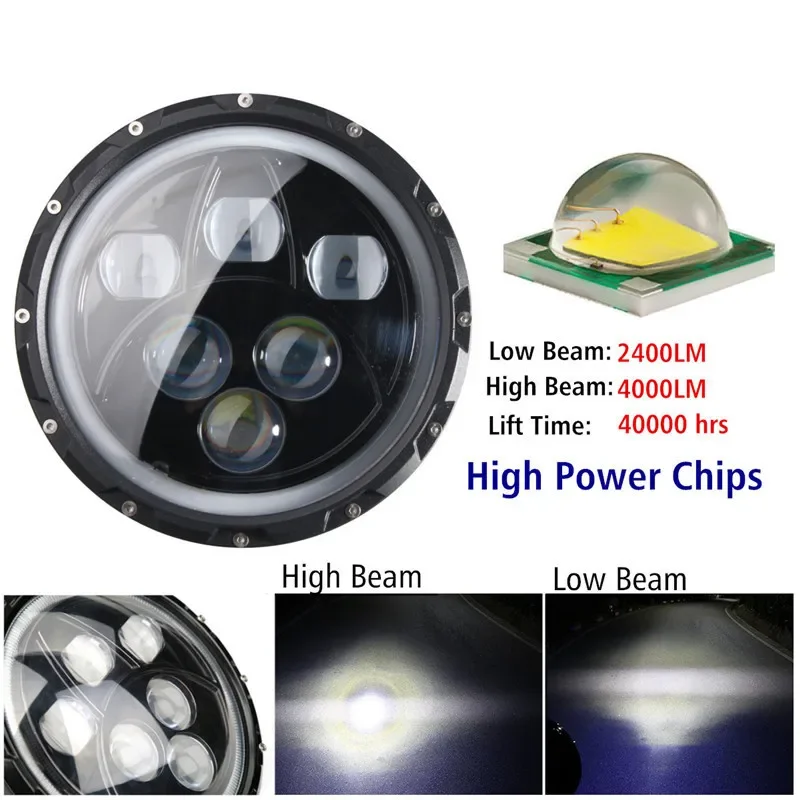 2PCS 7 Inch Led Headlight DRL Round 7'' Headlights with Angel Eye for Jeep/Wrangler Lada Niva 4x4