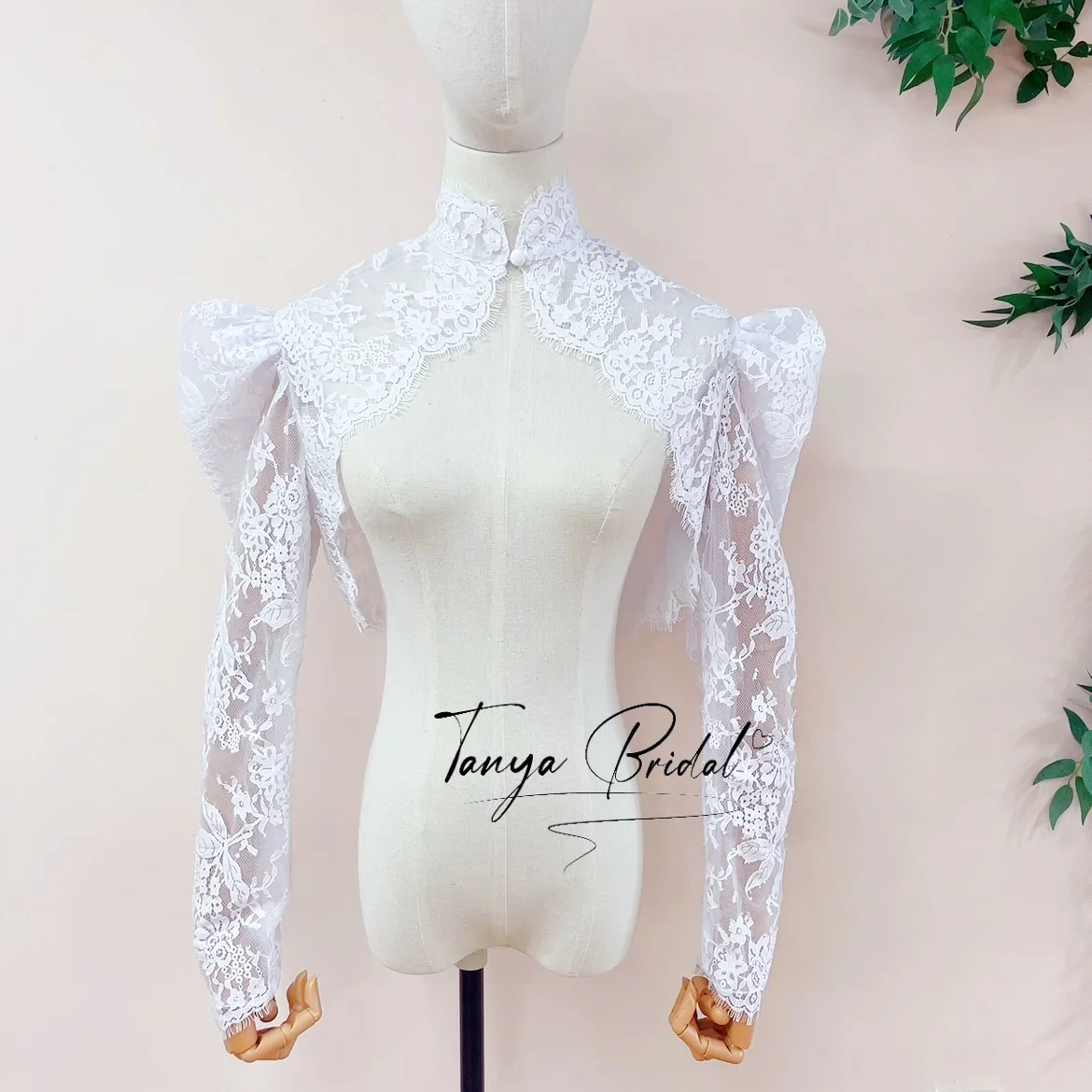 Lace Bridal Bolero Jacket High Neck Button Detail Long Sleeve Wedding Shrug for Bride