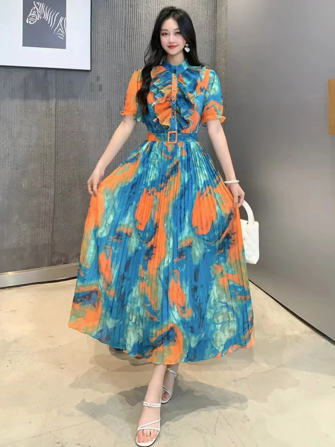2024 New Summer Women O-Neck Short Sleeve Belt Slim Long Dress Fashion Tie Dye Sweet Ruffles Pleated Big Hem Chiffon Dress